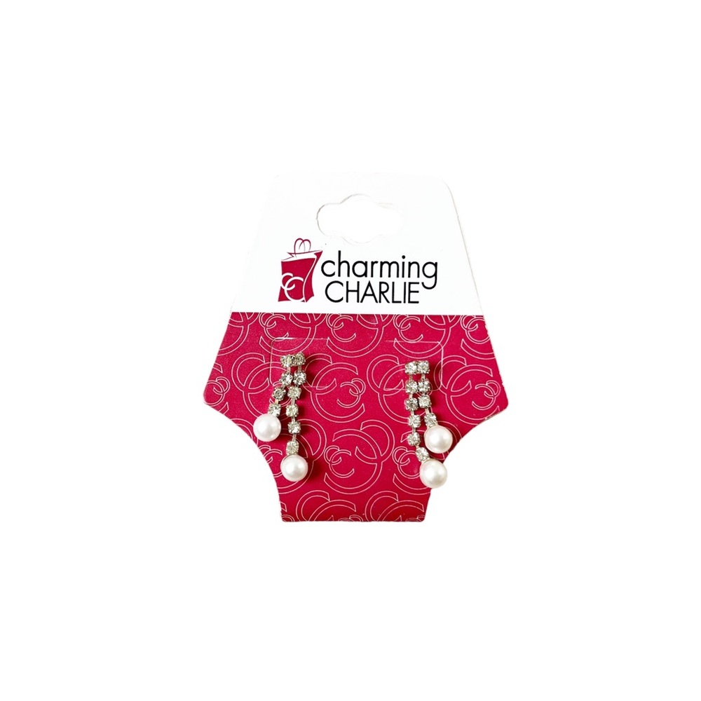 NWT CHARMING CHARLIE Pearl Diamond Dangly Earrings Clear Backing